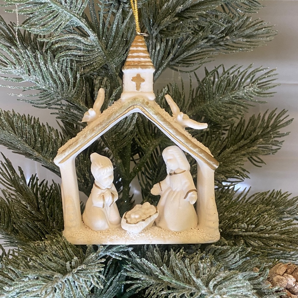Ceramic vintage Nativity Scene Christmas ornament.